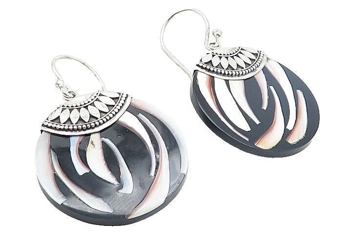 925 Sterling Silver  Vintage Enamel Pattern Round Dangle Earrings  EG3118
