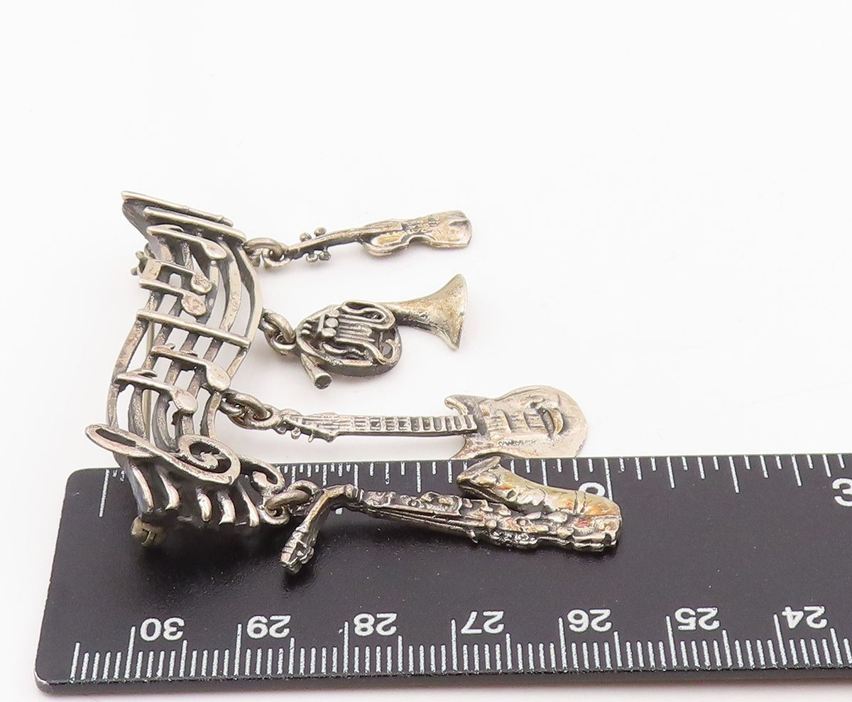 925 Sterling Silver Vintage Brooch Musical Notes & Instrument Charm Pin  BP12058