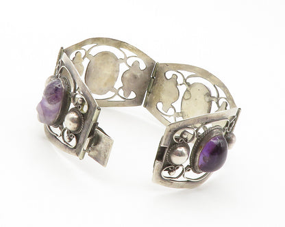 MEXICO 925 Silver  Vintage Face Carved Amethyst Swirl Chain Bracelet  BT5515