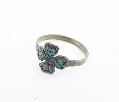 SOUTHWESTERN 925 Silver Vintage Turquoise Clover Band Ring Sz 6.5 RG5515