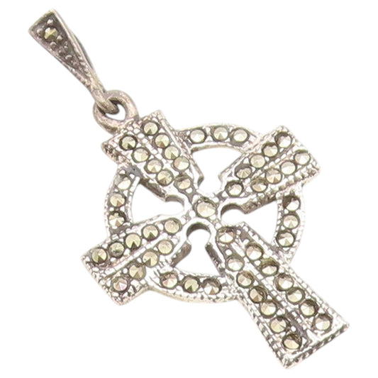 925 Sterling Silver Vintage Pendant Marcasite Celtic Religious Cross  PT26657