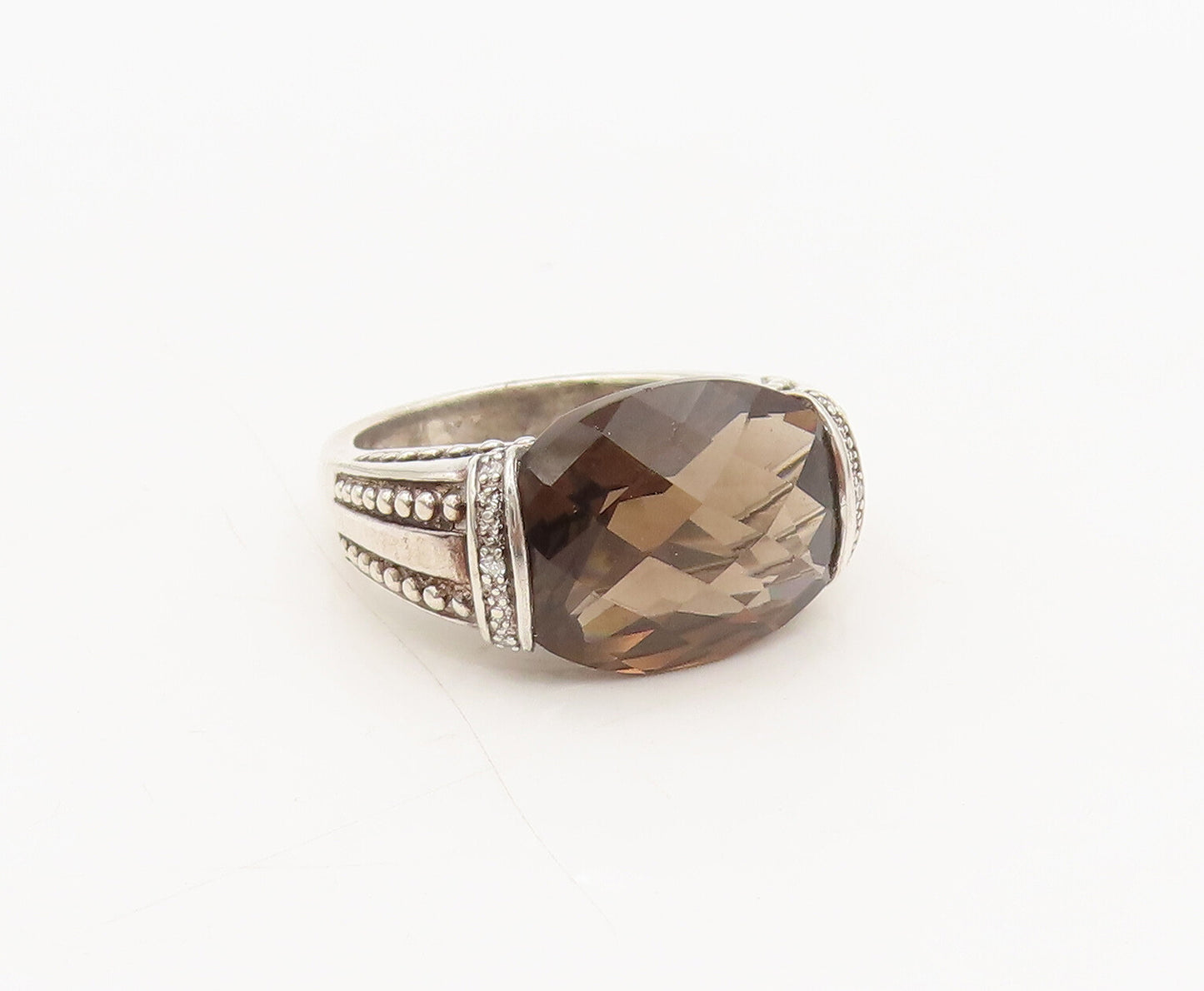 925 Silver  Vintage Smokey Quartz Carved Diamond Beaded Ring Sz 7  RG26970