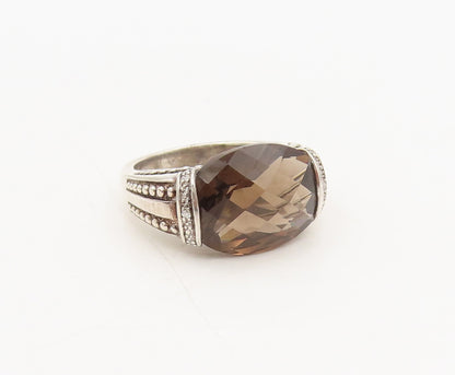 925 Silver  Vintage Smokey Quartz Carved Diamond Beaded Ring Sz 7  RG26970