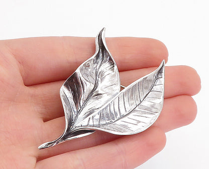 925 Sterling Silver  Vintage Shiny Etched Floral Leaves Brooch Pin  BP1623