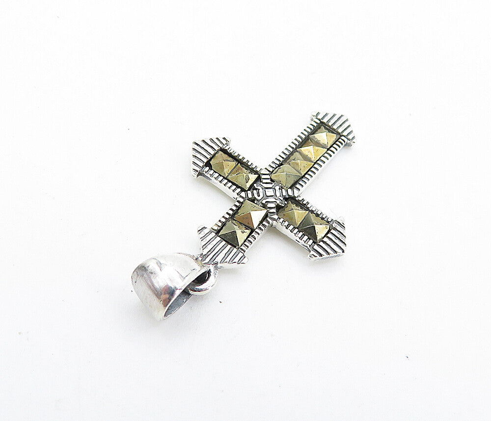 925 Sterling Silver  Petite Shiny Marcasite Religious Cross Pendant  PT6114