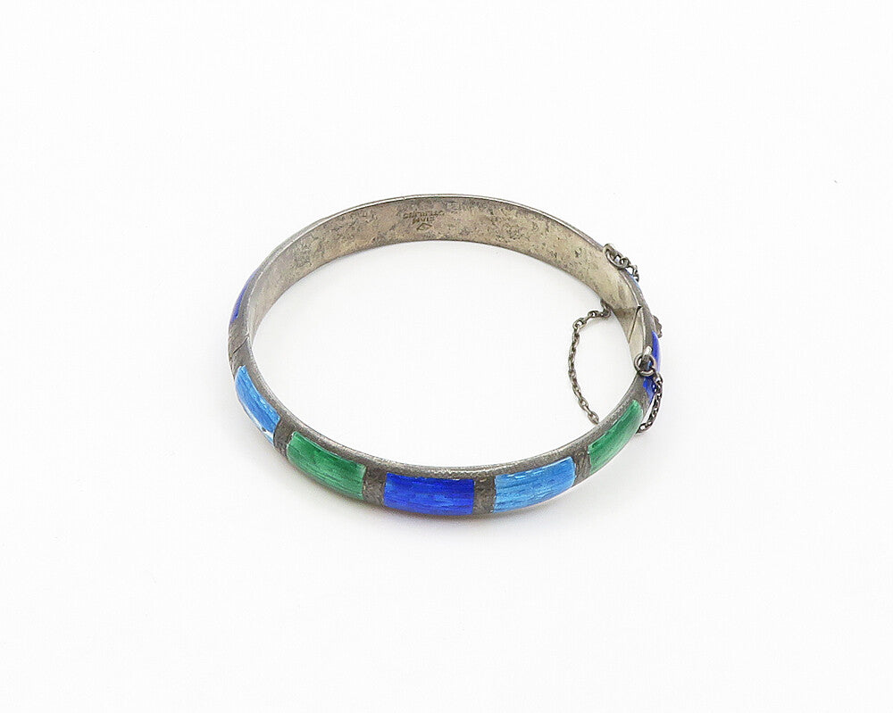 SIAM 925 Sterling Silver  Vintage Enamel Pattern Round Bangle Bracelet  BT7901