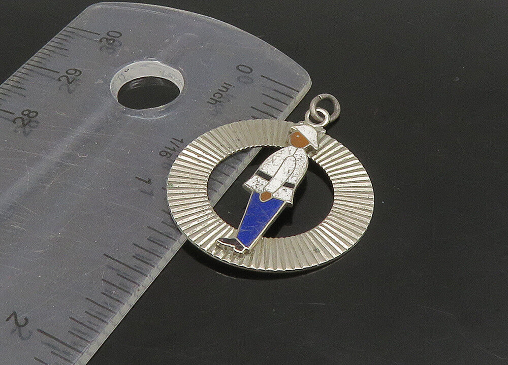 925 Sterling Silver  Vintage Enamel Man In Uniform Circle Pendant  PT18744