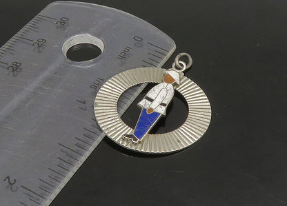 925 Sterling Silver  Vintage Enamel Man In Uniform Circle Pendant  PT18744