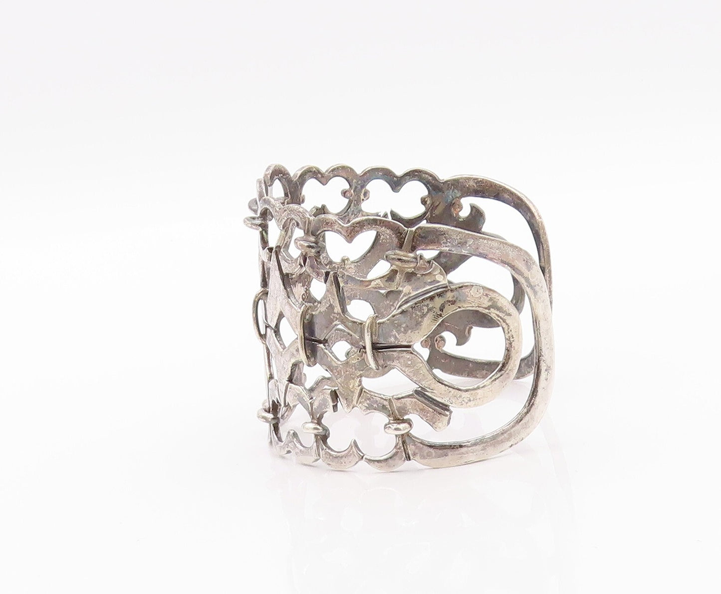925 Sterling Silver Vintage Bracelet Dark Tone Cutout Heart Linked Cuff  BT11127