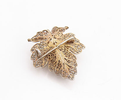 925 Sterling Silver Vintage Brooch Pin EUROPE Gold Plated Grapes Leaf  BP11353