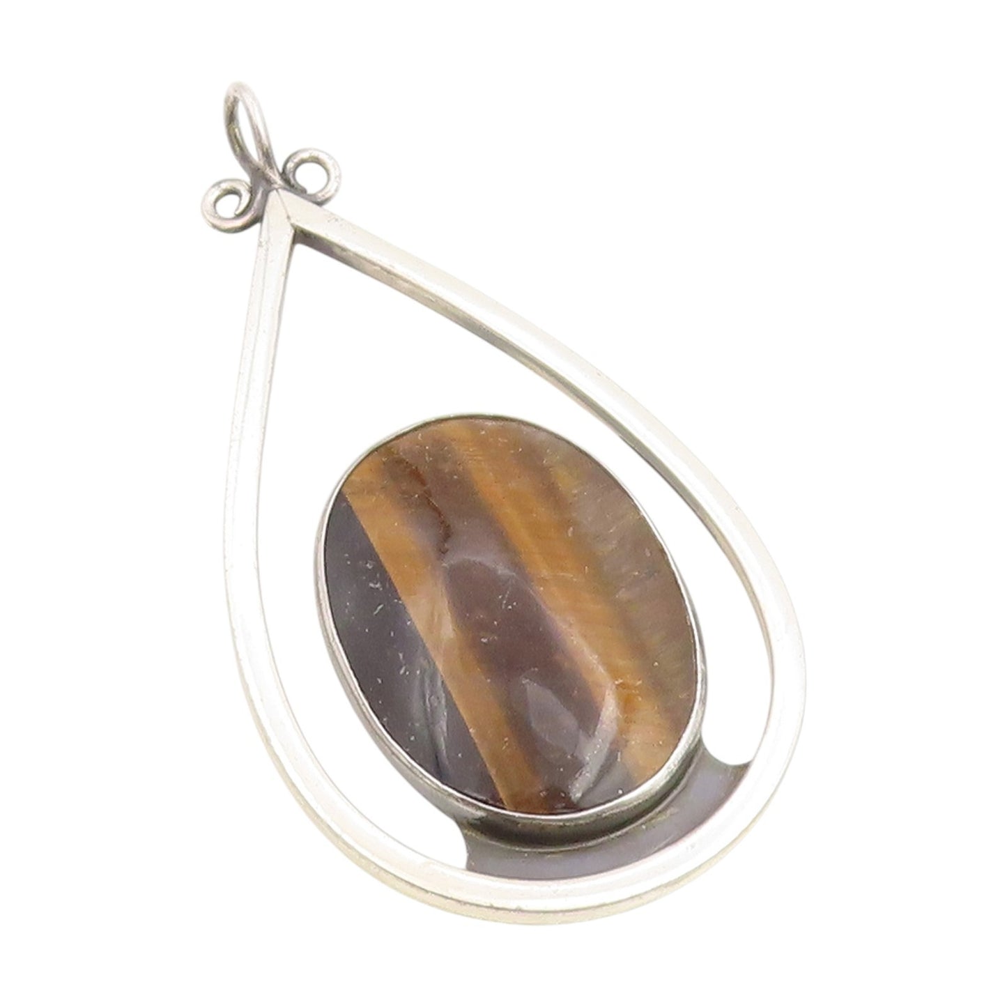 925 Sterling Silver Vintage Pendant TEPPICH Tiger's Eye Teardrop Outline PT25153