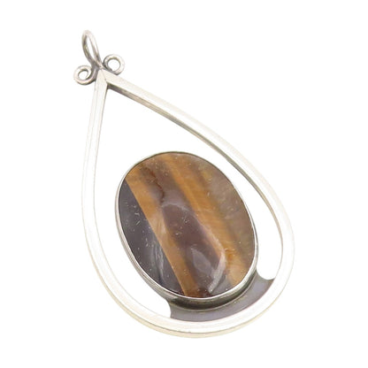 925 Sterling Silver Vintage Pendant TEPPICH Tiger's Eye Teardrop Outline PT25153