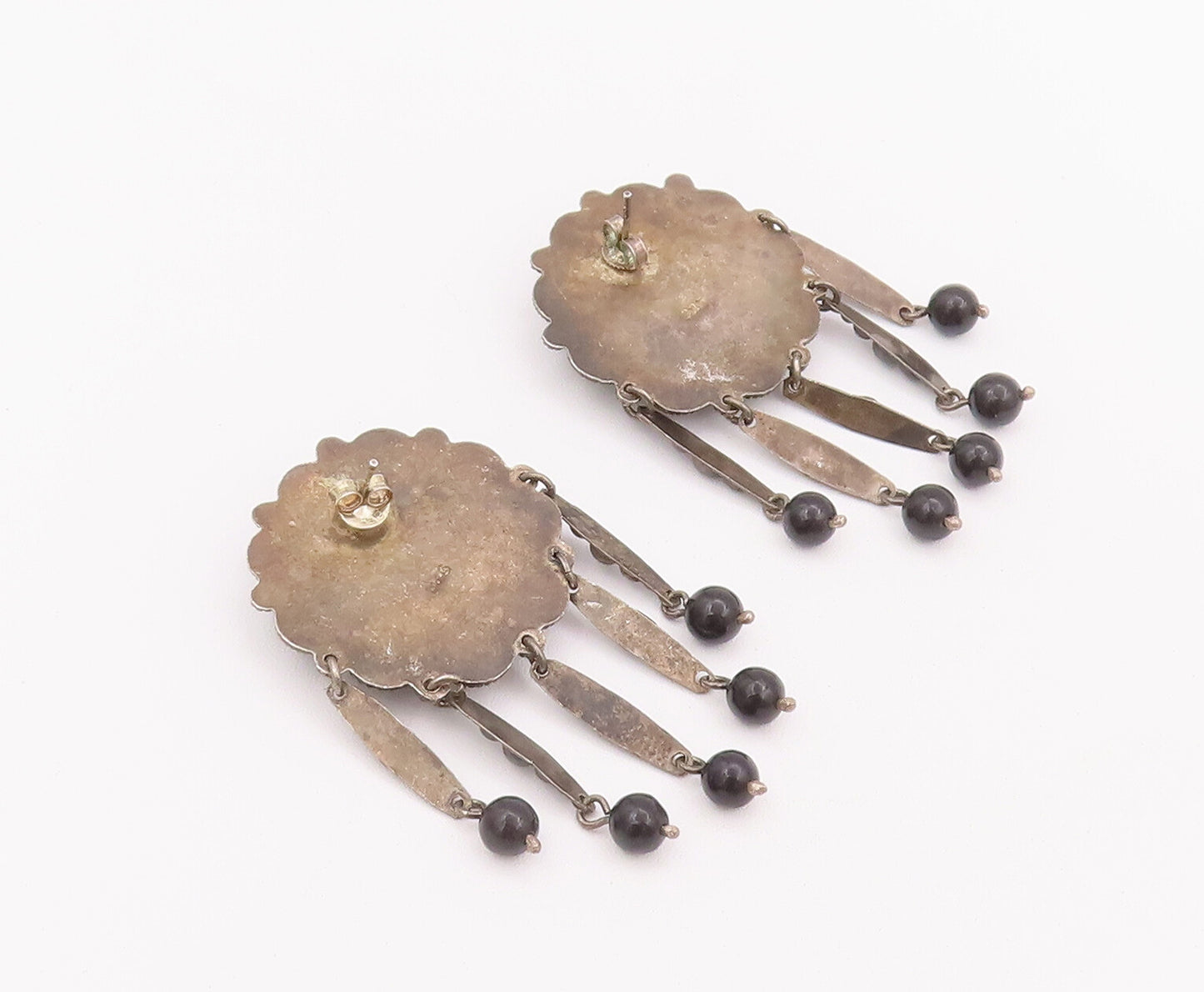 925 Sterling Silver Vintage Earrings Floral Carved Onyx Beaded Dangles  EG12916