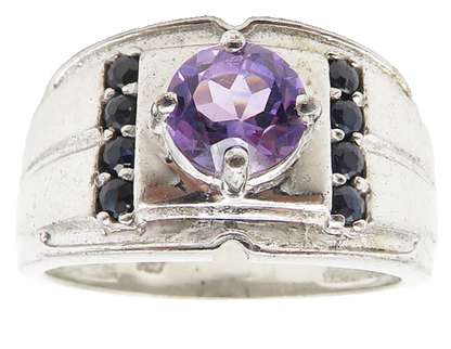 925 Sterling Silver  Amethyst & Sapphire Shiny Round Band Ring Sz 7  RG10355