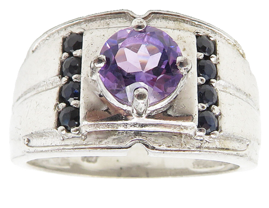 925 Sterling Silver  Amethyst & Sapphire Shiny Round Band Ring Sz 7  RG10355