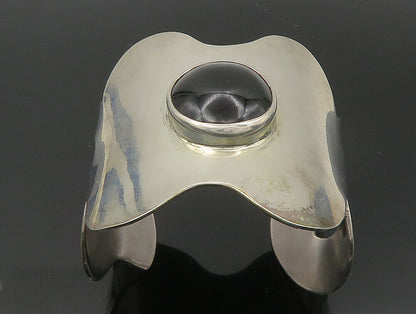 MEXICO 925 Sterling Silver Vintage Black Gemstone Large Cuff Bracelet BT1384