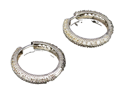 925 Silver  Vintage Black & White Genuine Diamonds Hoop Earrings  EG12069