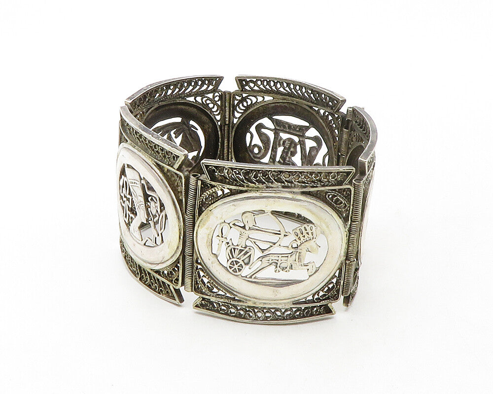 925 Sterling Silver  Vintage Antique Filigree Panel Chain Bracelet  BT4868