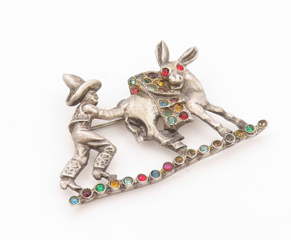 925 Sterling Silver Vintage Brooch Pin Antique Multi Stone Donkey & Man  BP11158