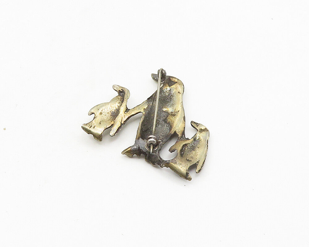 925 Sterling Silver  Vintage Antique Penguin Family Oxidized Brooch Pin BP7371