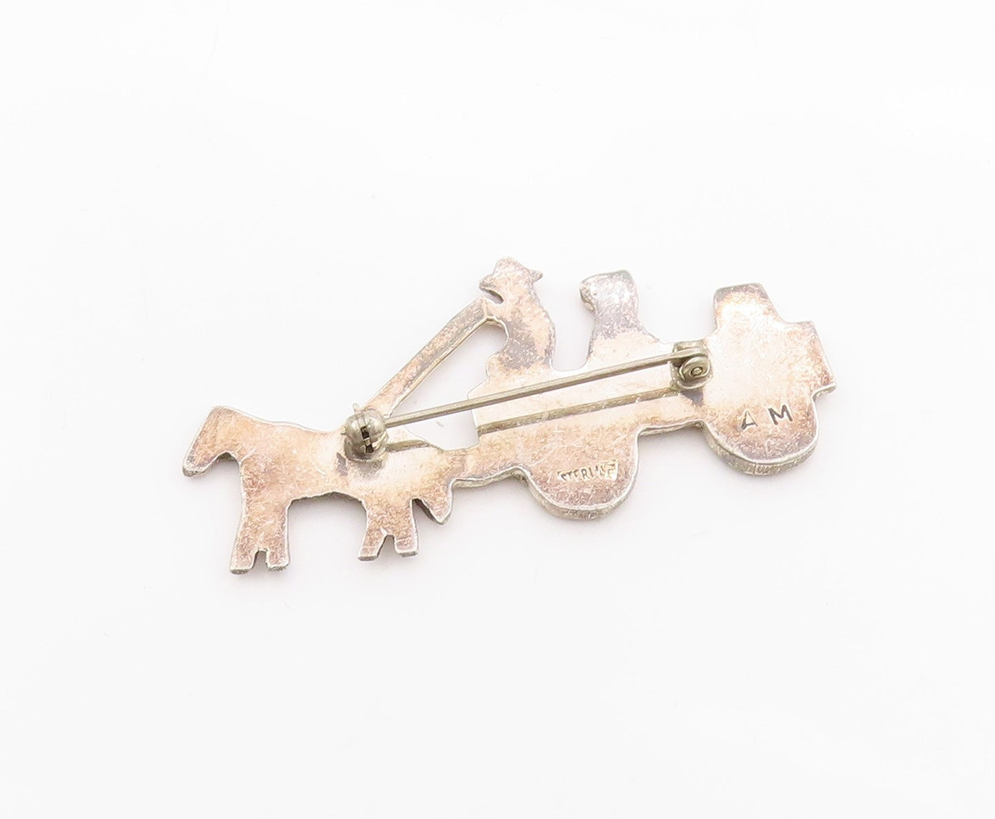 925 Sterling Silver Vintage Brooch Etched Horse and Farm Wagon Pin  BP11783