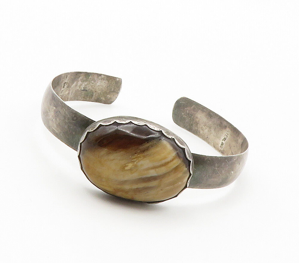925 Sterling Silver  Vintage Cabochon Cut Brown Agate Cuff Bracelet  BT5920
