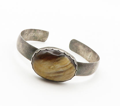 925 Sterling Silver  Vintage Cabochon Cut Brown Agate Cuff Bracelet  BT5920