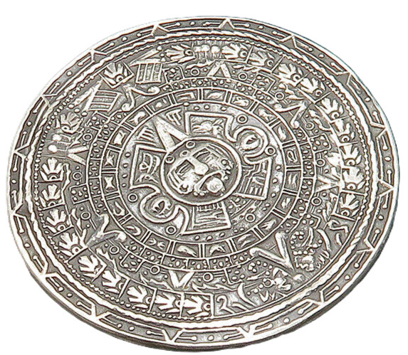MEXICO 925 Silver  Vintage Shiny Mayan Aztec Sun Calendar Brooch Pin  BP7752