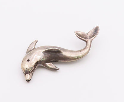 MEXICO 925 Sterling Silver  Vintage Dark Tone Dolphin Motif Brooch Pin  BP3281