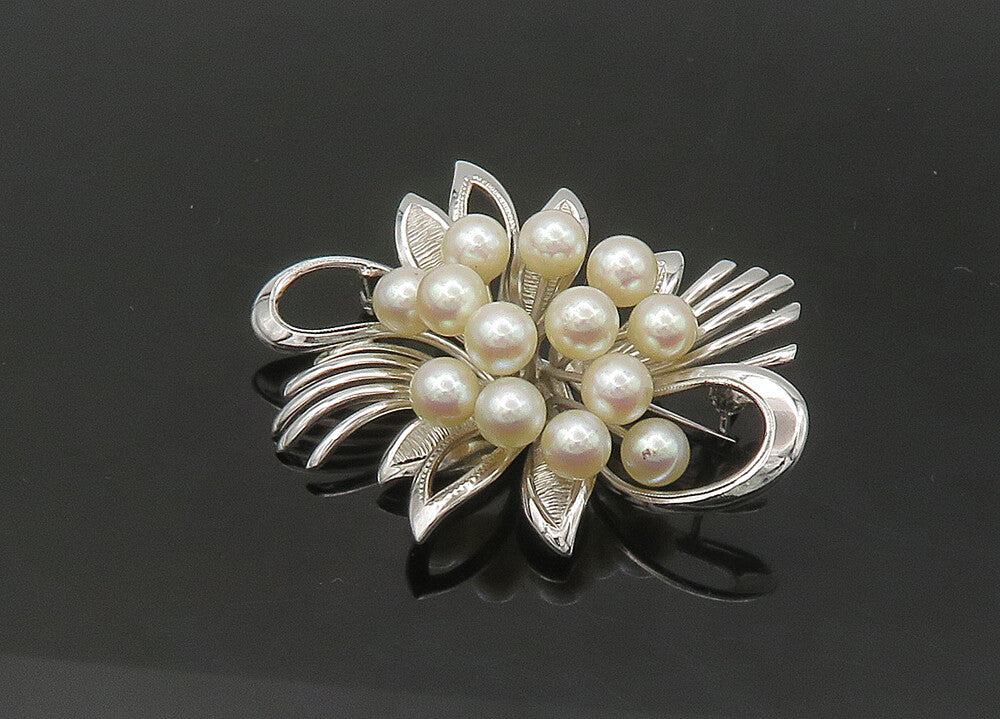 925 Sterling Silver  Vintage Shiny Pearl Cluster Ribbon Brooch Pin  BP8686