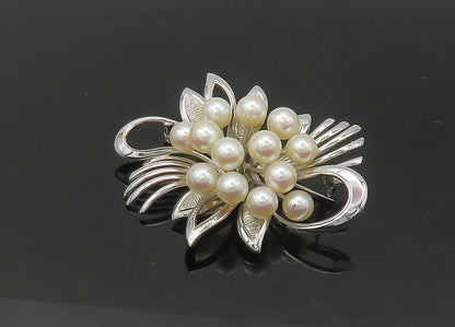 925 Sterling Silver  Vintage Shiny Pearl Cluster Ribbon Brooch Pin  BP8686