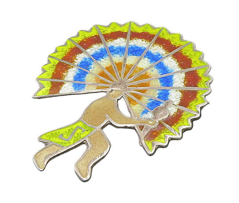 MEXICO 925 Silver  Vintage Enamel Dancing Aztec Warrior Brooch Pin  BP9409
