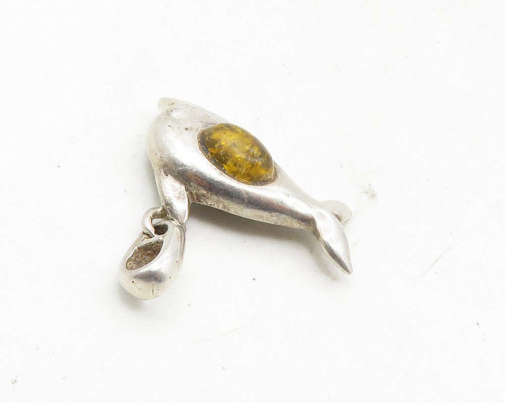 925 Sterling Silver  Vintage Cabochon Cut Amber Dolphin Motif Pendant  PT7721