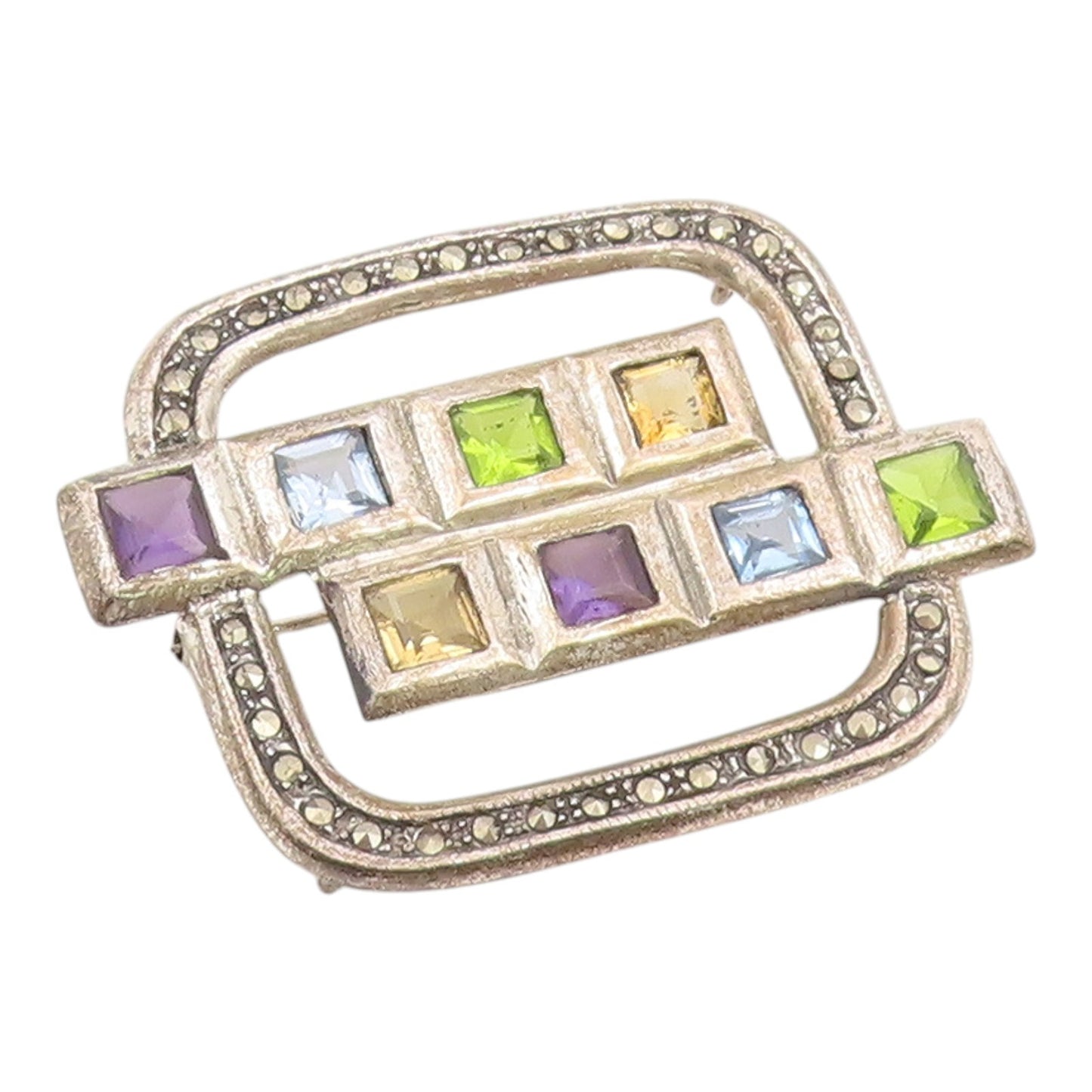 925 Sterling Silver Vintage Brooch Classic Multi Gemstone Geometric Pin  BP12592