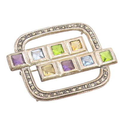 925 Sterling Silver Vintage Brooch Classic Multi Gemstone Geometric Pin  BP12592