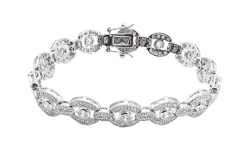 925 Sterling Silver  Sparkling Cubic Zirconia Round Chain Bracelet  BT3505