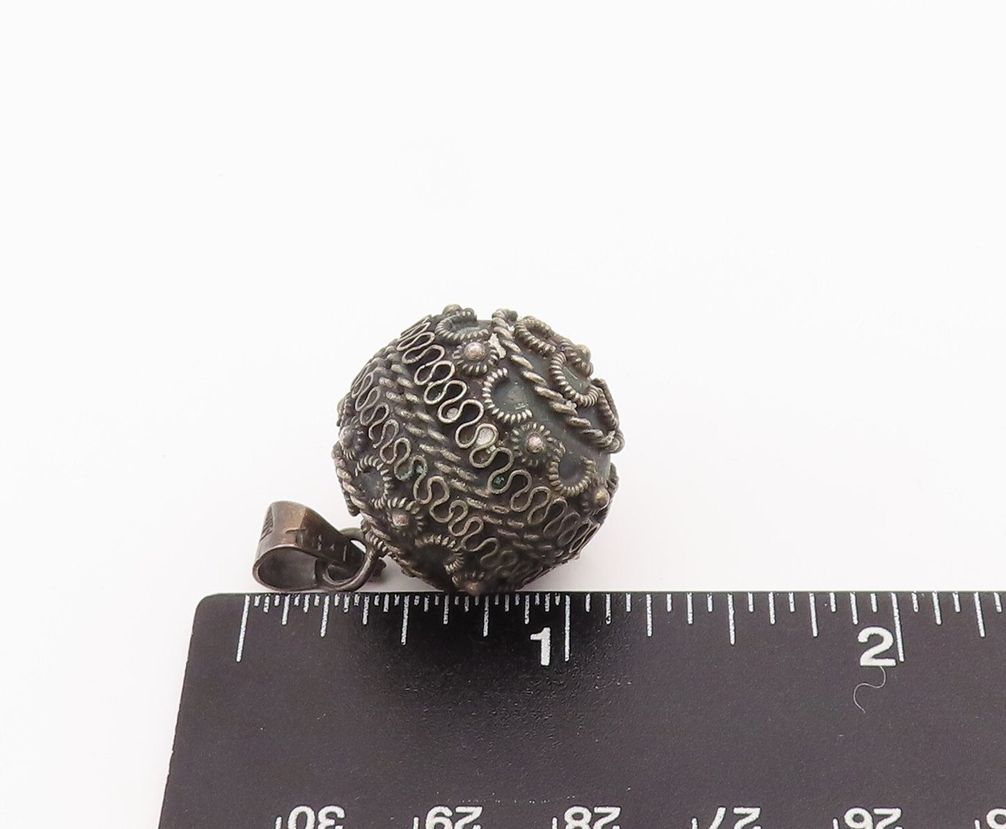 925 Sterling Silver Vintage Pendant MEXICO Carved Rattling Sphere  PT23414
