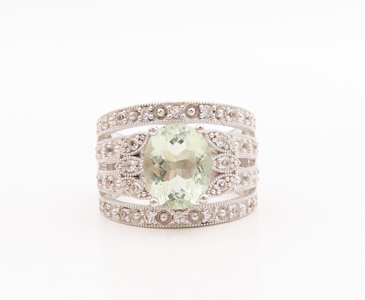 925 Sterling Silver Vintage Ring Oval Green Amethyst Split CZ Band Sz 7  RG29167