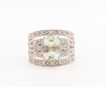 925 Sterling Silver Vintage Ring Oval Green Amethyst Split CZ Band Sz 7  RG29167