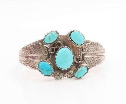 925 Sterling Silver Vintage Bracelet MEXICO Turquoise Etched Leaf Cuff  BT11989