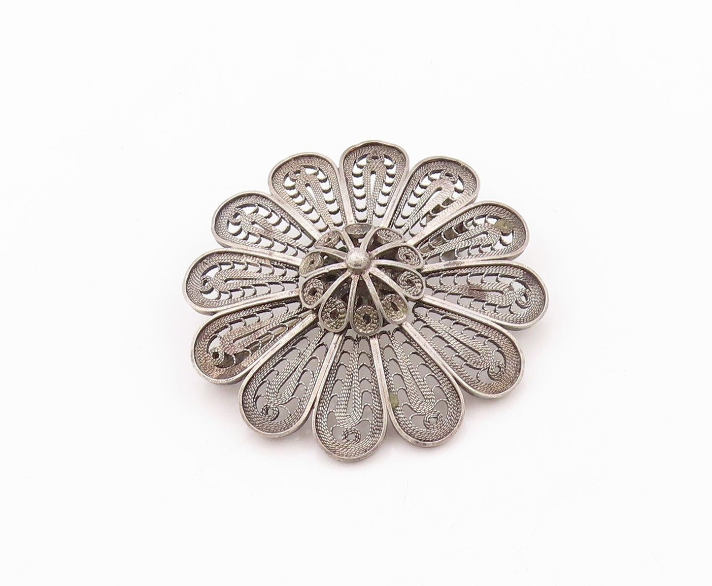 925 Sterling Silver Vintage Brooch Pin ISRAEL Dark Tone Filigree Flower  BP11566