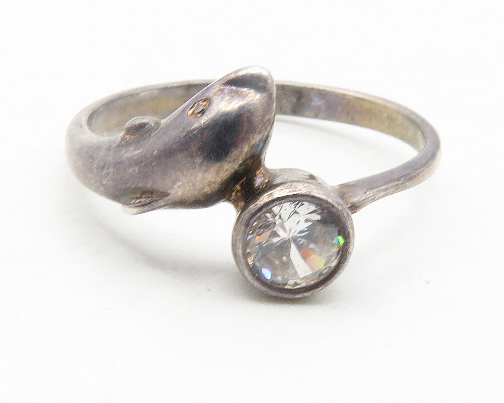 925 Sterling Silver  Vintage Cubic Zirconia Dolphin Bypass Ring Sz 8  RG11704