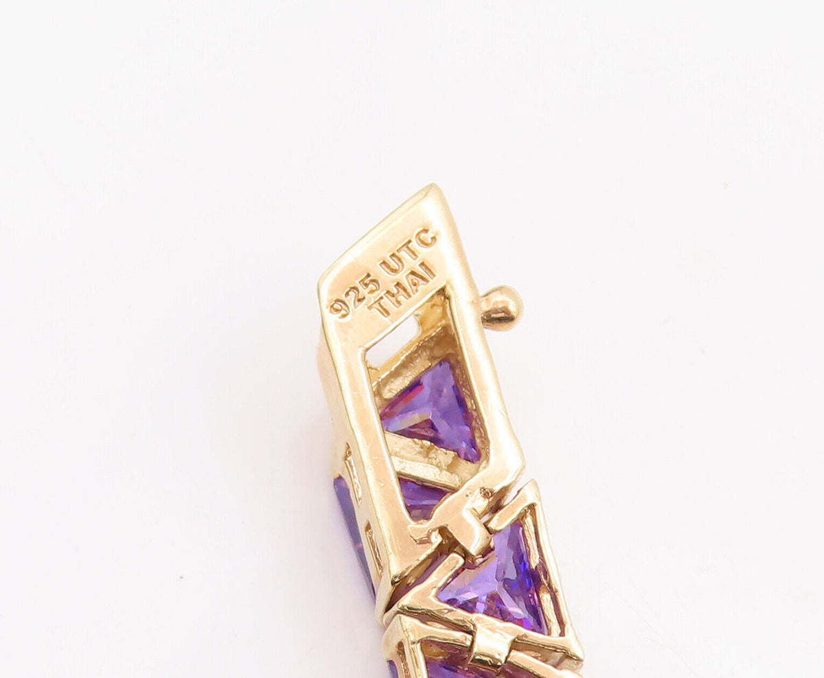 925 Sterling Silver Vintage Bracelet Gold Plated Triangle Cut Purple CZ  BT10628