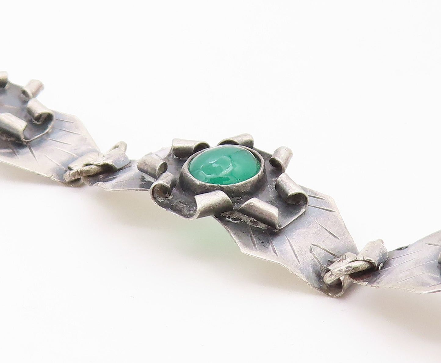 EUROPEAN 925 Silver  Vintage Green Carnelian Modernist Chain Bracelet  BT8068