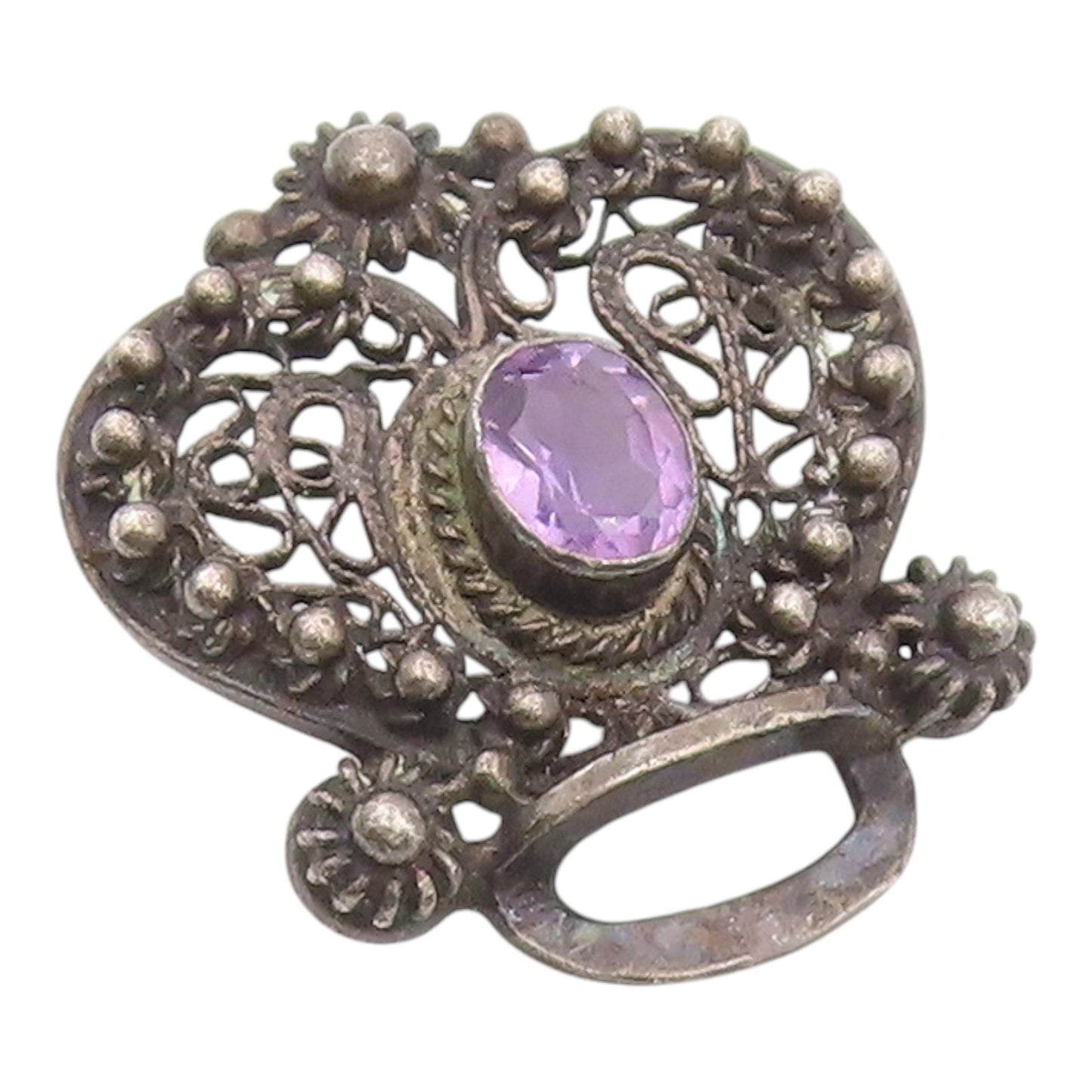 925 Sterling Silver Vintage Brooch Pin Classic Amethyst Floral Openwork  BP12588