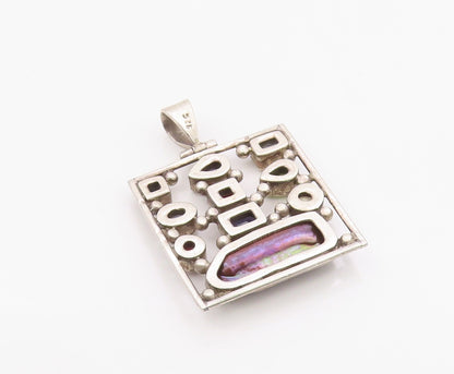 925 Sterling Silver Vintage Pendant Modernist Multi Gemstone Square  PT26358
