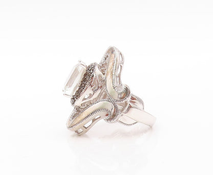 925 Sterling Silver Vintage Ring Designer Swirly Cutout Topaz  Sz 5  RG30565