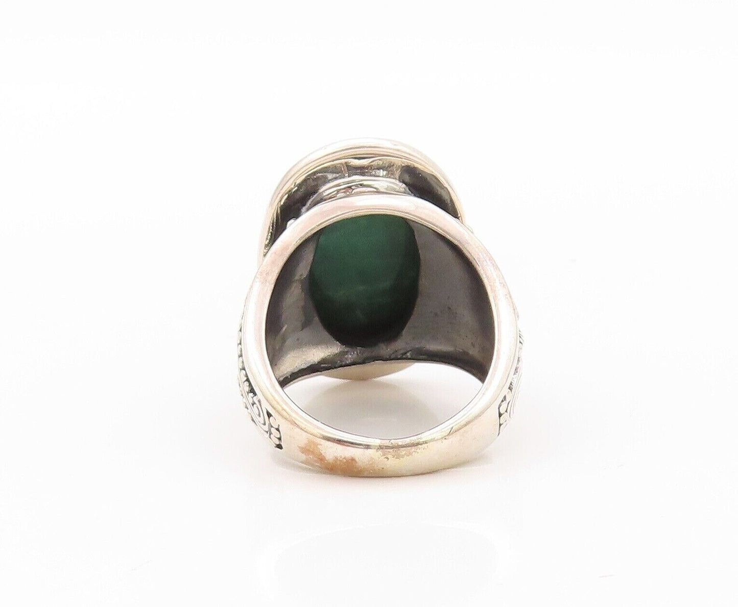 925 Sterling Silver Vintage Ring Oval Green Gemstone Halo Beaded  Sz 7.5 RG30212