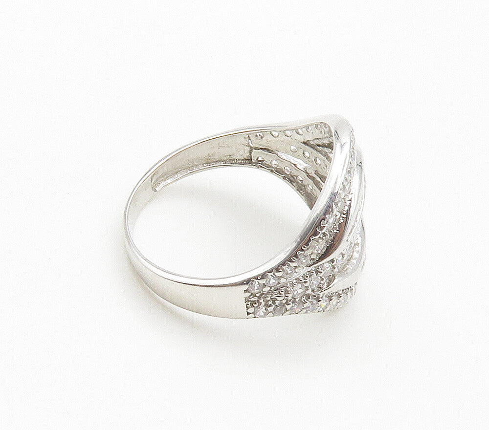 925 Sterling Silver  Shiny White Topaz Cutout Design Band Ring Sz 7  RG15509