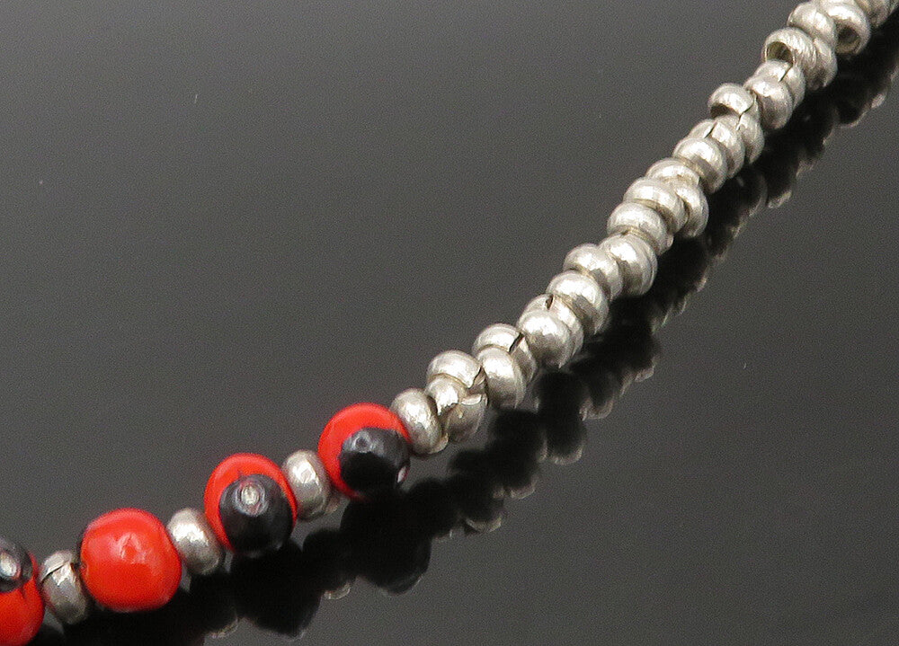 925 Sterling Silver  Vintage Red Enamel Beaded Pattern Chain Necklace  NE3652